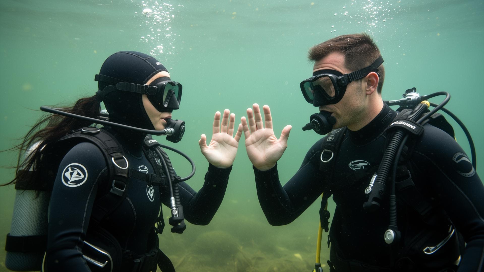 Zwei Taucher tauschen das OK-Zeichen unter Wasser