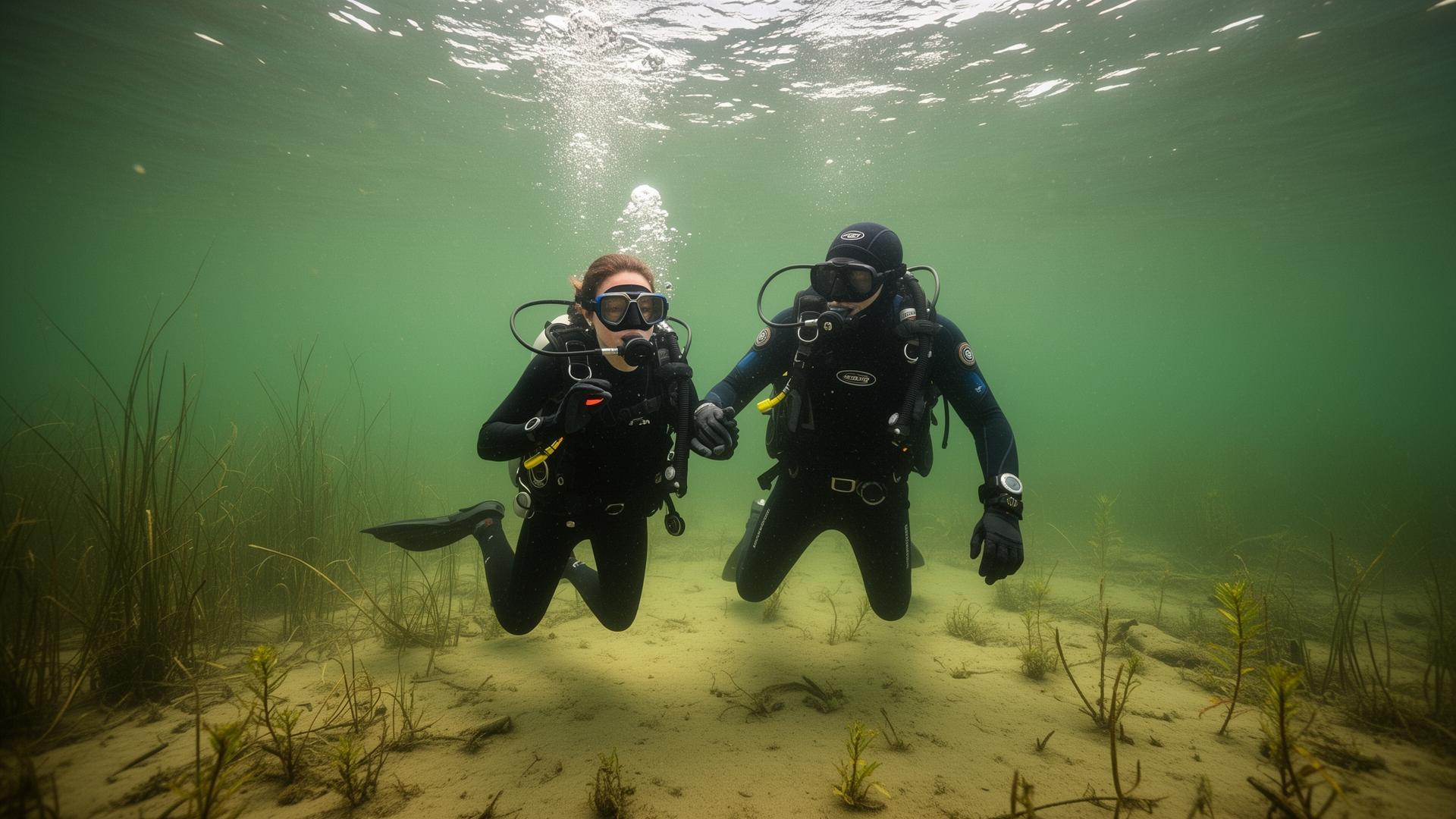 Schnuppertaucherin wird unter Wasser von Tauchlehrer begleitet